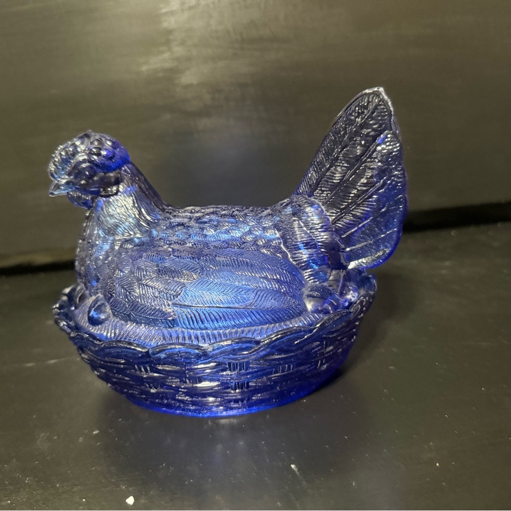 Asian Cobalt Blue Glass Hen On Nest Candy Dish